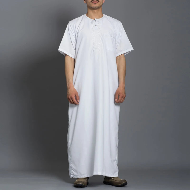 Mens Short Sleeve White/Gold/Black Round Neck Abaya/Jubba/Thobe