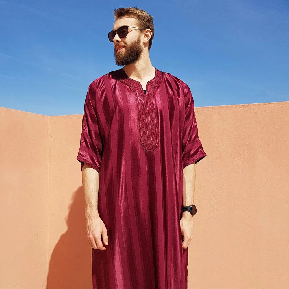 Mens Striped 3/4 Sleeve Abaya/Jubba/Thobe (Red/Silver)