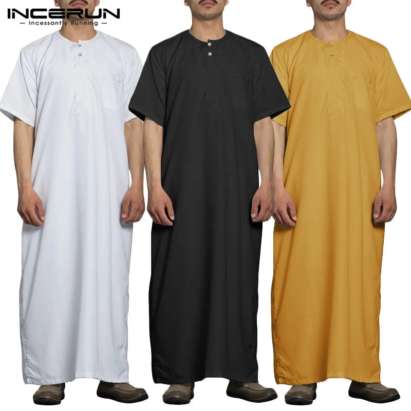 Mens Short Sleeve White/Gold/Black Round Neck Abaya/Jubba/Thobe