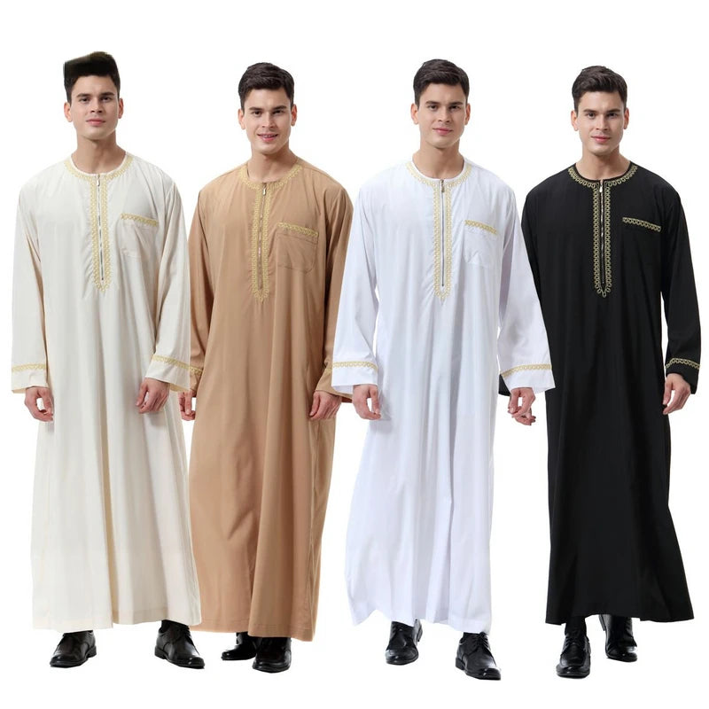 Mens Abaya/Jubbah/Thobe with Embroidered border (White/Black/Khaki/Beige)