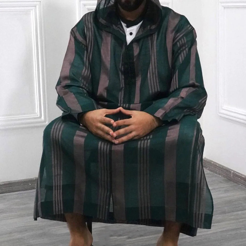 Mens striped long sleeve Abaya/Thobe/Jubba (Green/Red)