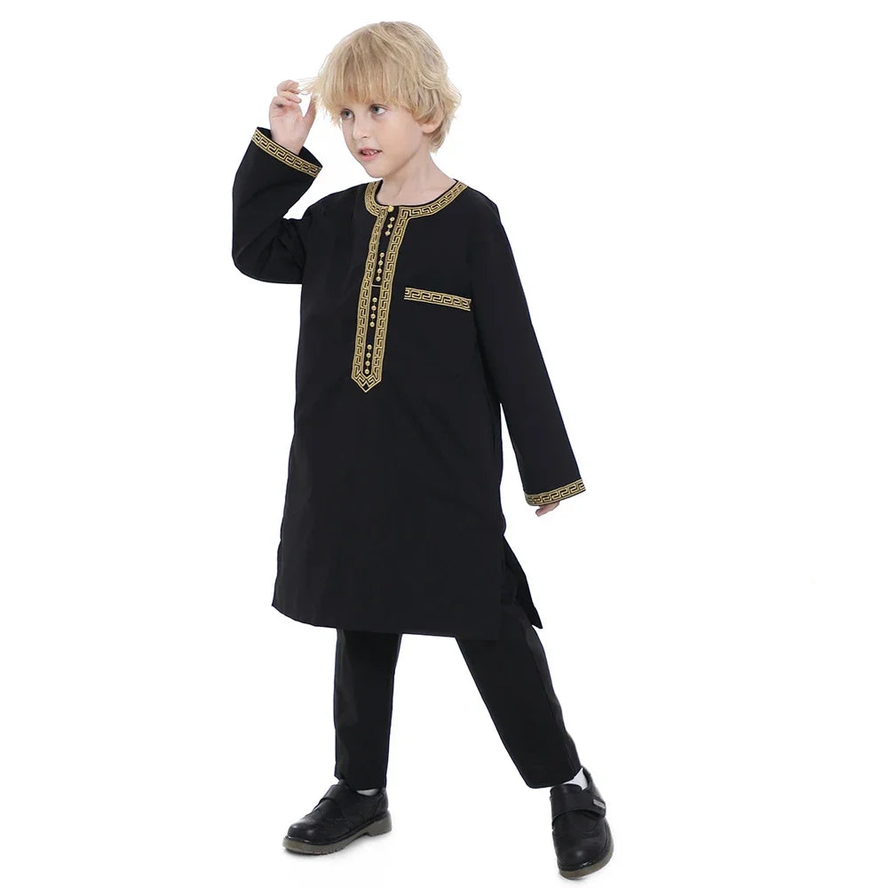 Boys Long Sleeve Kaftan/Abaya/Jubbah/Robe w/ Gold Trim (Black/Beige/Coffee/White)