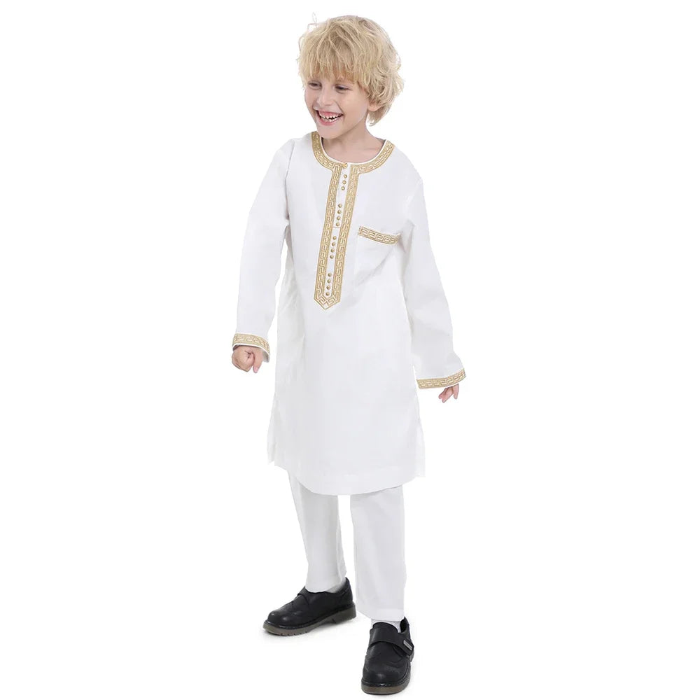 Boys Long Sleeve Kaftan/Abaya/Jubbah/Robe w/ Gold Trim (Black/Beige/Coffee/White)