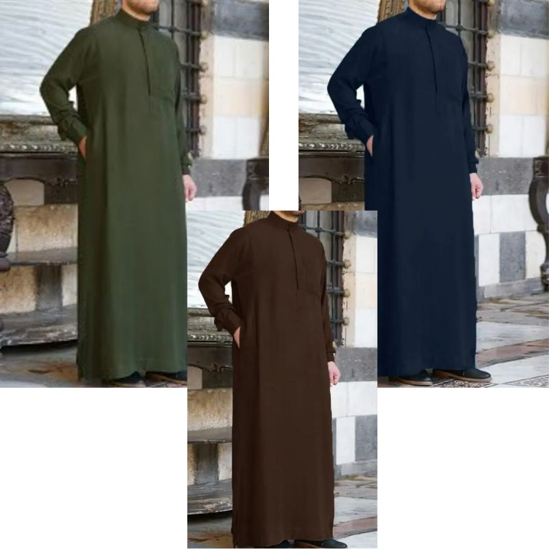 Mens (Green/Brown/Navy) ashion Muslim Clothing Thobe Jubba Mens Robe Long Sleeve Saudi Arab Thobe Kaftan Ropa Arabe Islamic Thobe Indian Dress Robe